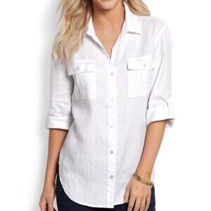 Tommy Bahama Linen Button Down Shirt Womens M Roll Tab Sleeve Coastal White